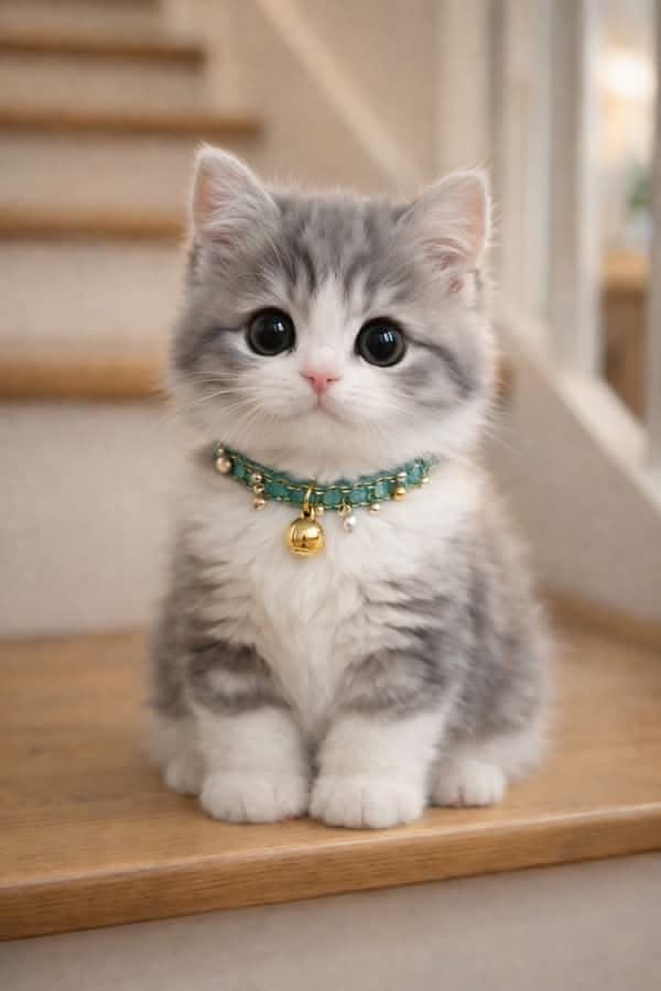 Playful kitten with a bell collar